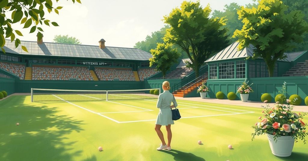 Wimbledon tennis scene with vibrant green grass and a peach-coloured outfit in a serene outdoor setting.