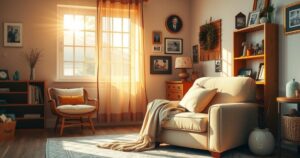 A tranquil scene depicting a softly lit living room with a comfy armchair and a cozy blanket, symbolising warmth and love.