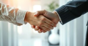 A serene scene depicting a handshake in a calm environment, symbolising respect and professional interactions.