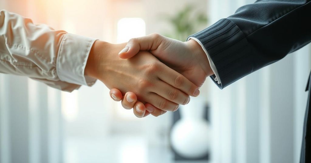 A serene scene depicting a handshake in a calm environment, symbolising respect and professional interactions.