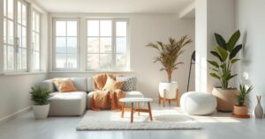 A serene home interior, filled with natural light, featuring comforting decor and soothing colours for wellness and relaxation.