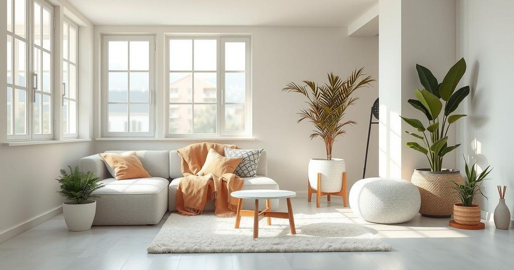 A serene home interior, filled with natural light, featuring comforting decor and soothing colours for wellness and relaxation.