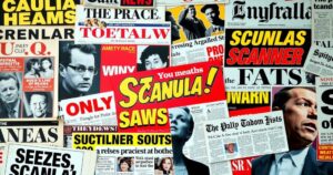 A collage of newspaper headlines highlighting major celebrity scandals, using bold colours and dramatic typography.