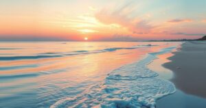 Serene coastal scene with soft pastel colours, featuring a peaceful beach at sunset, evoking calmness and reflection.