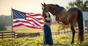 A model stands beside a horse, with an American flag in the background, symbolising family love and strength.