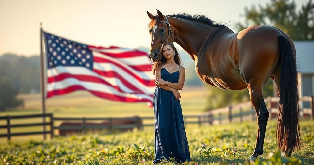 A model stands beside a horse, with an American flag in the background, symbolising family love and strength.