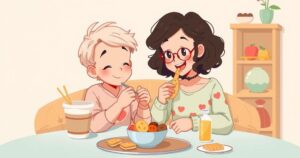 A warm illustration of a parent and stepchild sharing snacks and laughing, symbolizing strong familial bonds and support.