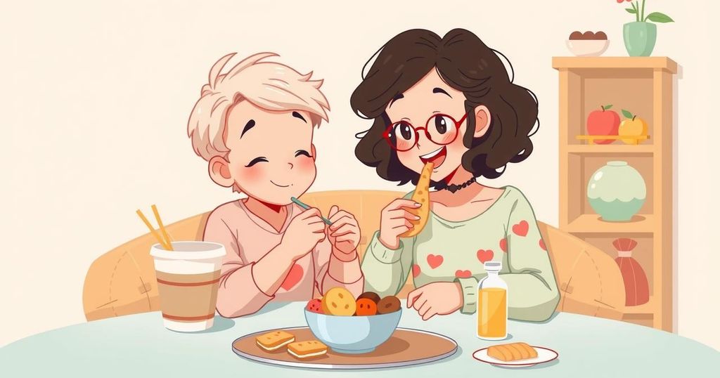 A warm illustration of a parent and stepchild sharing snacks and laughing, symbolizing strong familial bonds and support.
