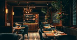 An elegant restaurant interior with dim lighting, wooden furniture, and decorative plants creating an inviting atmosphere.
