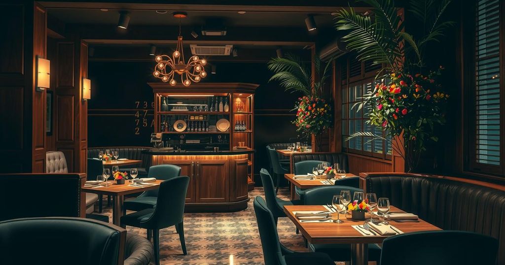 An elegant restaurant interior with dim lighting, wooden furniture, and decorative plants creating an inviting atmosphere.