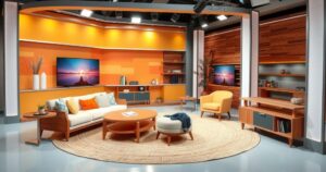 A vibrant television studio set with modern furnishings, warm lighting, and an inviting backdrop featuring soft colors.