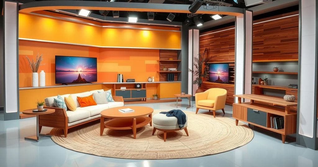 A vibrant television studio set with modern furnishings, warm lighting, and an inviting backdrop featuring soft colors.