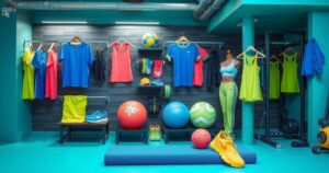 A vibrant workout scene in an athletic apparel store with fitness gear, reflecting an energetic and empowering atmosphere.