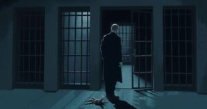 A tense prison scene with shadowy figures and barred windows, depicting a confrontation in a dark, gritty environment.
