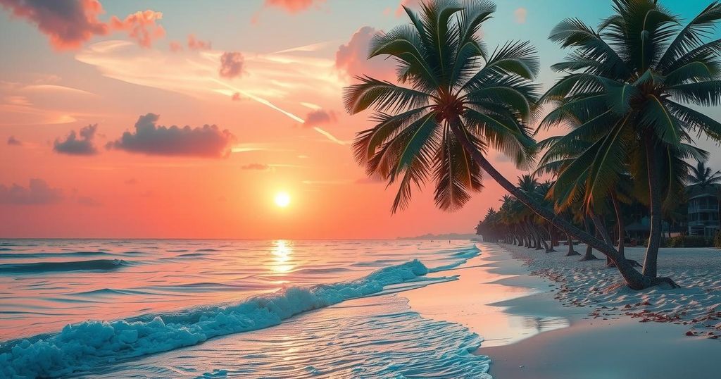 A vibrant tropical landscape with palm trees, beach waves, and a sunset sky radiating warm hues of orange and pink.