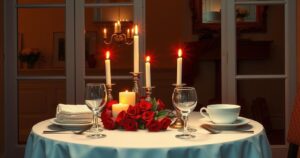 A cosy dinner setting with candles and soft lighting, evoking romance and intimacy between a couple.