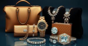 Luxurious items including a flashy watch, designer bags, and diamond-encrusted accessories in rich colour tones.