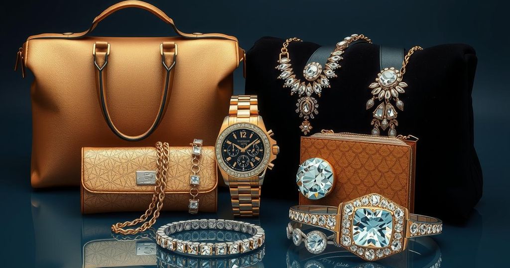 Luxurious items including a flashy watch, designer bags, and diamond-encrusted accessories in rich colour tones.