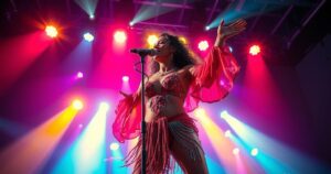 Dua Lipa on tour, exuding confidence in vibrant attire, under warm spotlight, symbolising empowerment and celebration.