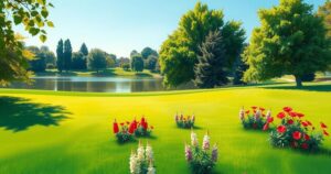A serene park scene with a lush green lawn, blooming flowers, and a peaceful lake under a bright blue sky.