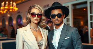 Stylish couple at a fashion event, surrounded by vibrant colors, embodying modern elegance and charm.