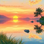 A serene landscape showcasing a calm lake surrounded by lush greenery and a vibrant sunset.