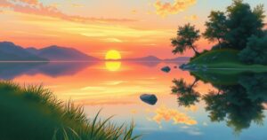 A serene landscape showcasing a calm lake surrounded by lush greenery and a vibrant sunset.