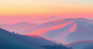 A serene landscape featuring tranquil hills under a soft, pastel sunset sky, symbolising reflection and contemplation.