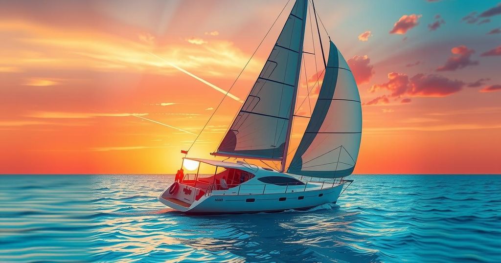 Sailing yacht in turquoise waters with a vibrant sunset, reflecting nautical life and adventure.