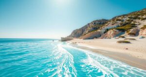 A serene beach scene in Ibiza, featuring a white sandy beach, crystal-clear waters, and a sunny sky.