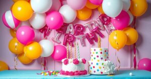 A joyful celebration scene with balloons and festive decorations, symbolising friendship and togetherness.