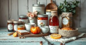 A vibrant, artistic display of gourmet products, including fruit preserves and herbal teas, styled with elegance.