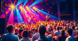 A Coldplay concert scene with colorful lights and a vibrant crowd enjoying the performance.