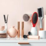 A creative depiction of hairstyling tools on a vanity, surrounded by soft pastel colours, embodying elegance and artistry.