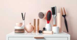 A creative depiction of hairstyling tools on a vanity, surrounded by soft pastel colours, embodying elegance and artistry.