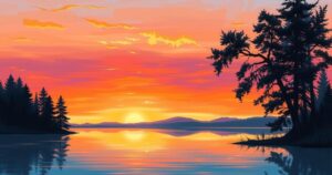 A tranquil landscape featuring a serene sunset over a calm lake, with vibrant orange and purple hues reflecting on the water.