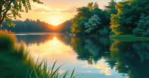 A tranquil outdoor scene with a serene lake, lush greenery, and soft sunset colours, evoking emotions of healing and reflection.