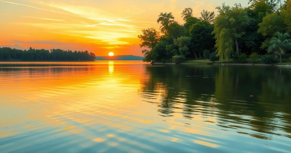A serene landscape featuring a calm lake surrounded by trees, evoking a sense of peace and reflection with warm colours.