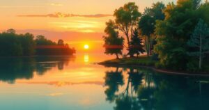 A serene landscape depicting a calm sunset over a peaceful lake surrounded by trees, evoking hope and tranquility.