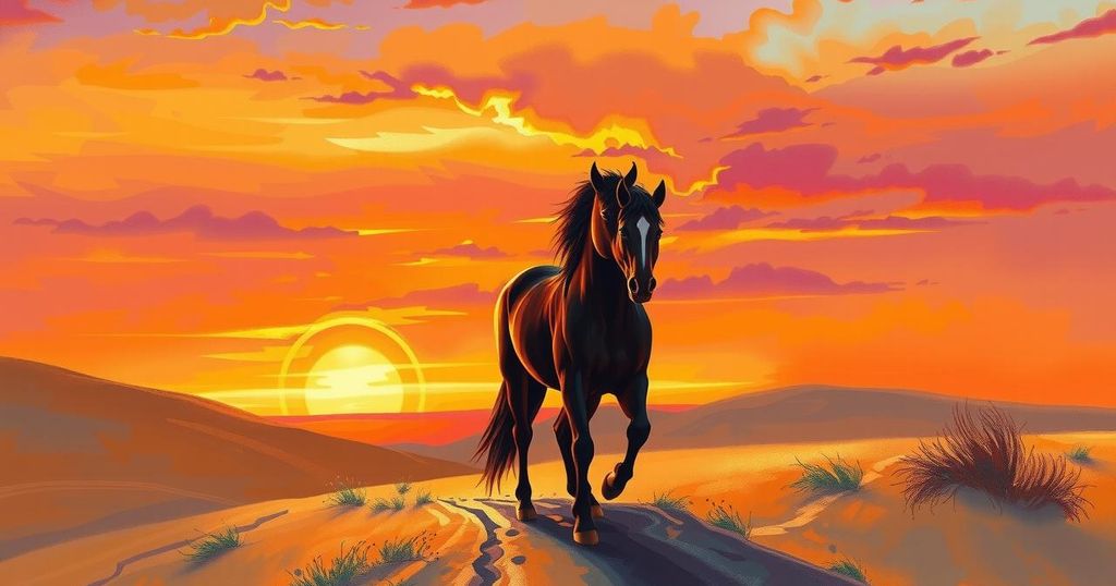 A serene desert sunset scene depicting two horses reuniting, symbolising past connections and new beginnings.