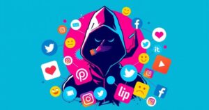 Stylized depiction of a mysterious figure with social media icons in a vibrant colour palette, reflecting online influence.