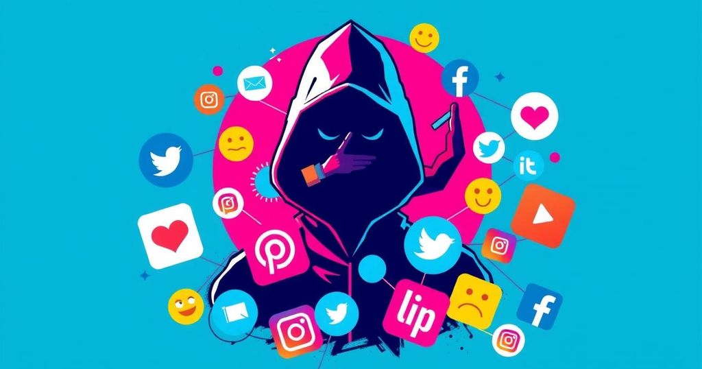 Stylized depiction of a mysterious figure with social media icons in a vibrant colour palette, reflecting online influence.