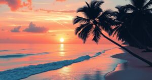 Tropical beach scene at sunset, featuring soft waves and palm trees amidst warm hues.
