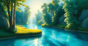 A tranquil nature scene with lush greenery, calm blue waters, and gentle sunlight filtering through trees.