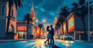A vibrant street scene in Santa Monica at night, showcasing a romantic atmosphere with hand-holding shadows.