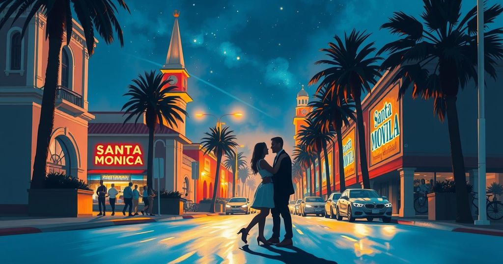 A vibrant street scene in Santa Monica at night, showcasing a romantic atmosphere with hand-holding shadows.