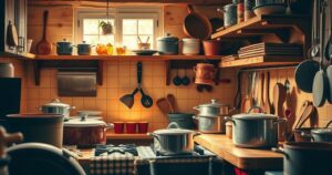 An elegant kitchen with cooking tools arranged artfully, warm light enhancing the atmosphere, reflecting culinary passion.