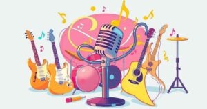 A whimsical illustration depicting a musician's playful side, featuring a microphone, musical notes, and colourful instruments.
