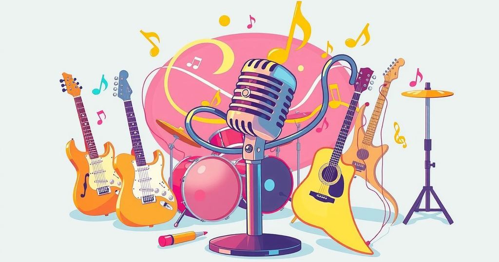 A whimsical illustration depicting a musician's playful side, featuring a microphone, musical notes, and colourful instruments.
