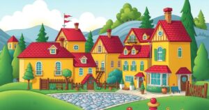 A vibrant yellow cartoon scene depicting iconic houses and landmarks from Springfield.